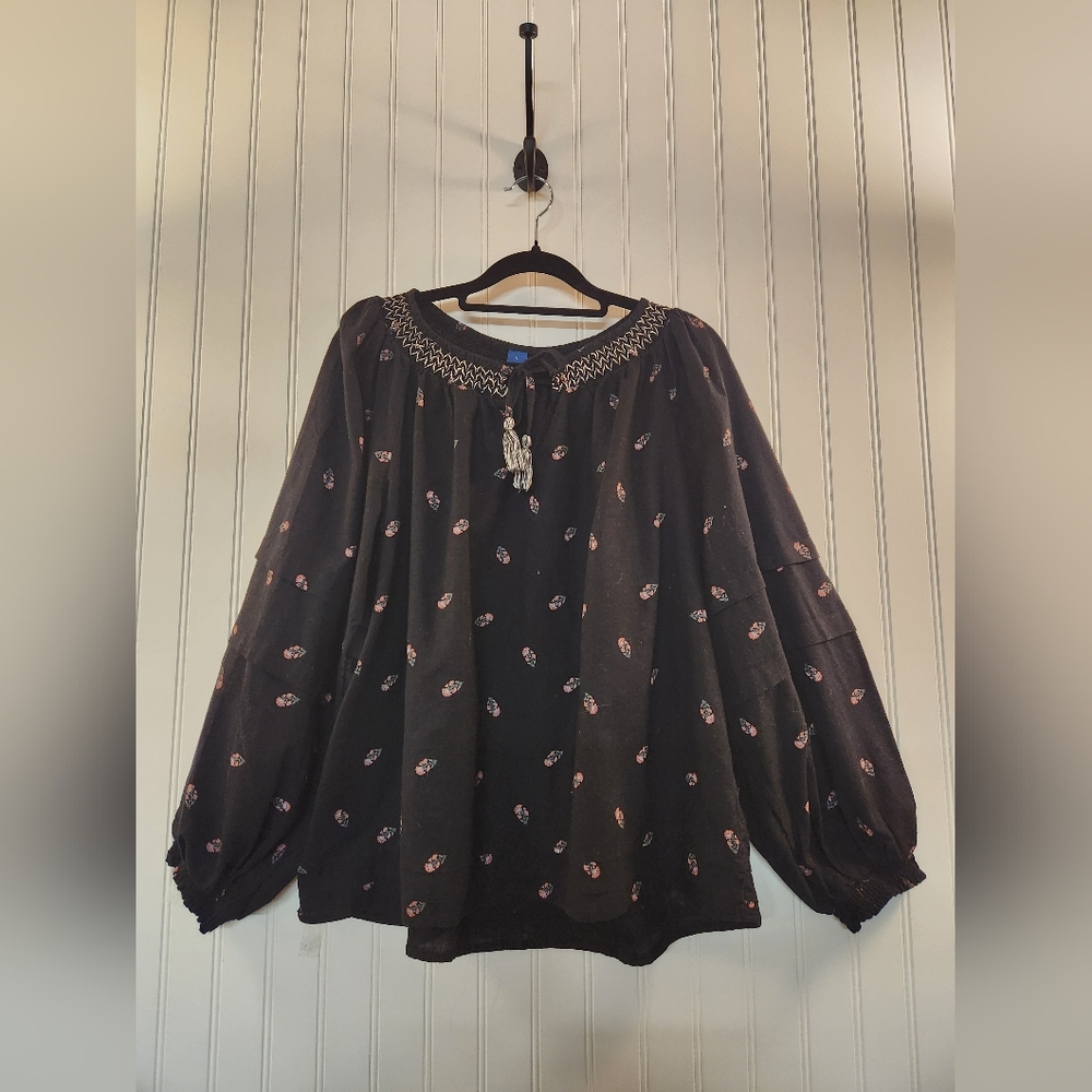 Old Navy Women Black Floral Print Peasant Tunic Top Size L Whimsygoth Boho Flowy